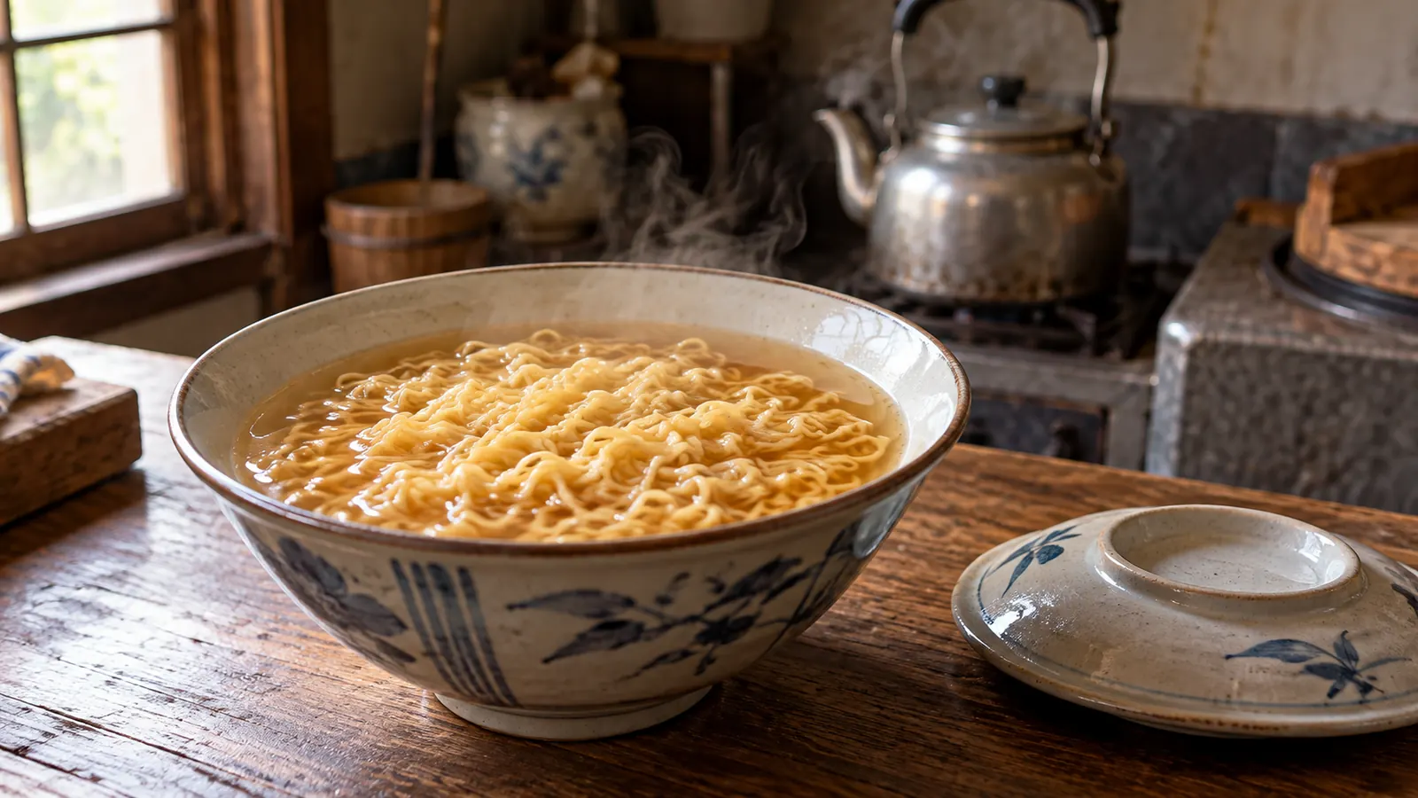 昭和33年〜昭和37年（1958〜1962年ごろ）のチキンラーメンの丼を再現したイメージ。小皿をふたにした丼からふたを外し、縮れた麺と湯気が見える台所。