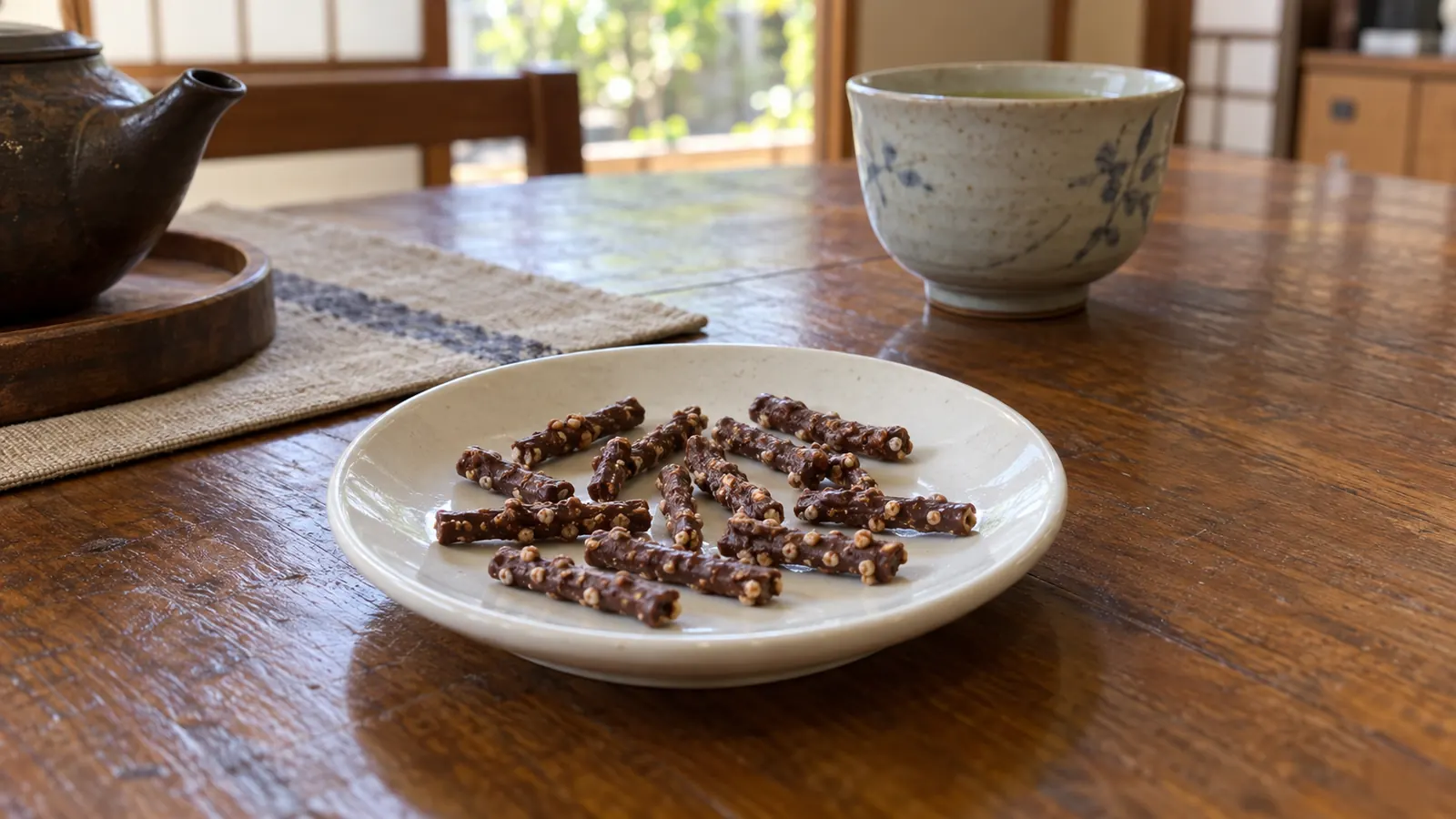 昭和46年〜昭和50年（1971〜1975年ごろ）の小枝の細いチョコレートを再現したイメージ。小皿に並ぶ短い枝状のチョコと、表面の小さなパフ。