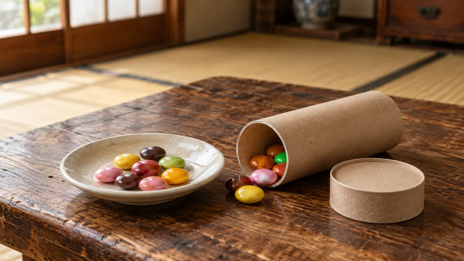 昭和36年〜昭和40年（1961〜1965年ごろ）のマーブルチョコレートの筒を再現したイメージ。筒とふたのそばにこぼれた、平たい色違いの糖衣チョコ。