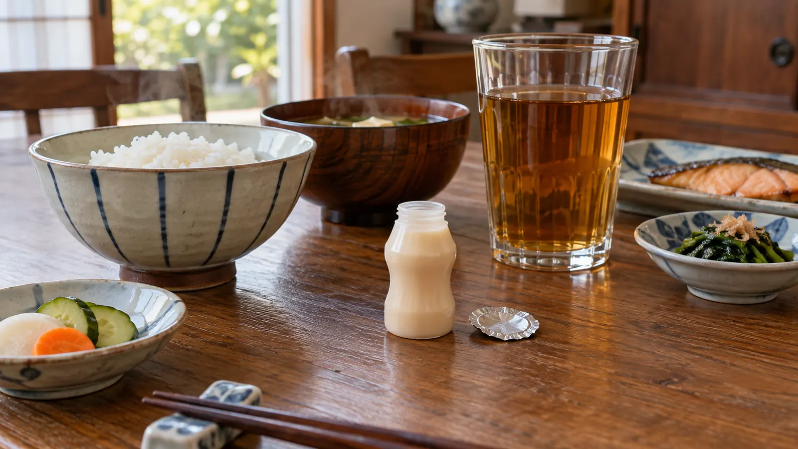 昭和43年〜昭和47年（1968〜1972年ごろ）のヤクルトのくびれた容器を再現したイメージ。食卓の茶碗やコップより小さい、中央がくびれた乳酸菌飲料容器と外した箔。