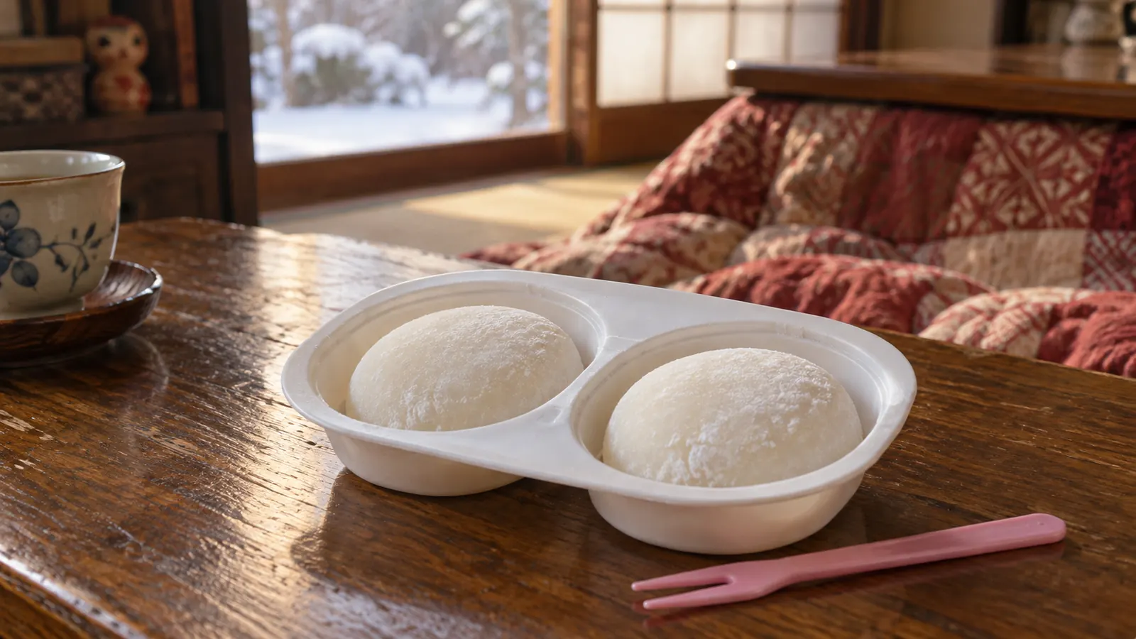 昭和56年〜昭和60年（1981〜1985年ごろ）の雪見だいふくの二つのくぼみを再現したイメージ。二つの丸いくぼみに白い餅アイスが収まり、横に小さなフォークを置いたトレー。